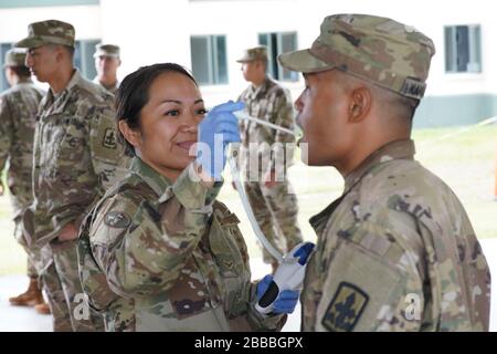 Airmen 1st Classe Jolene Chun, distaccamento medico 1, Hawaii Air National Guard, prende la temperatura di un soldato per la sua valutazione medica quotidiana, marzo, 24, 2020, Honolulu Hawaii. I membri della task force Hawaii National Guard COVID-19 sono sottoposti a screening medico ogni giorno per assicurare che il soldato o gli uomini d'aria non siano stati esposti a COVID-19 o presentino sintomi. (STATI UNITI Air National Guard Photo by Tech. SGT. Andrew Lee Jackson) Foto Stock