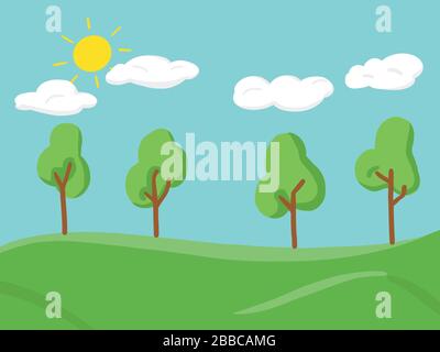 Sfondo vettoriale disegnato a mano di alberi nel parco con sole, nube, cielo blu. Illustrazione Vettoriale