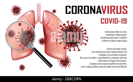 Focolaio di coronavirus 2019-ncov. Coronavirus banner design con polmoni infetti e lente di ingrandimento. Malattia del sistema respiratorio. Vettore Illustrazione Vettoriale