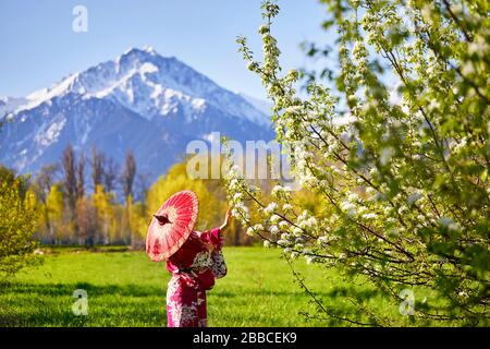 Donna in kimono con ombrellone rosso nel giardino con fiori di ciliegio a sfondo di montagna Foto Stock