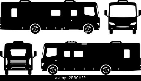 Camper RV silhouette van su sfondo bianco. Le icone del veicolo consentono di impostare la vista da un lato, dall'altro lato, anteriore e posteriore Illustrazione Vettoriale