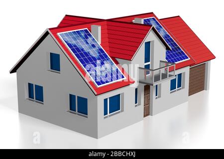 Casa famiglia 3D con pannelli solari/fotovoltaici installati su un tetto Foto Stock
