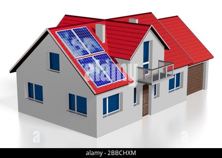 Casa famiglia 3D con pannelli solari/fotovoltaici installati su un tetto Foto Stock