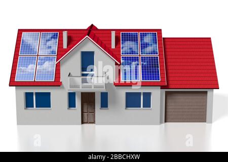 Casa famiglia 3D con pannelli solari/fotovoltaici installati su un tetto Foto Stock