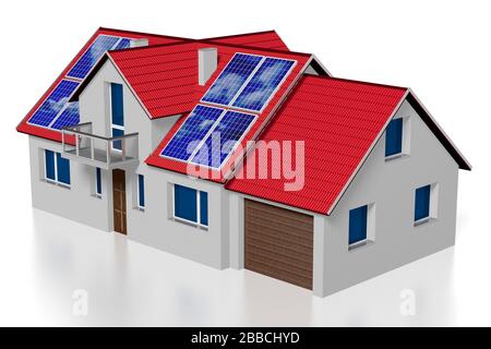 Casa famiglia 3D con pannelli solari/fotovoltaici installati su un tetto Foto Stock