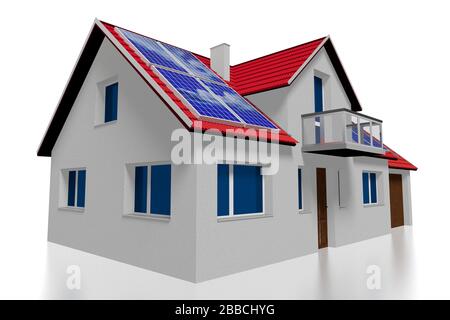Casa famiglia 3D con pannelli solari/fotovoltaici installati su un tetto Foto Stock