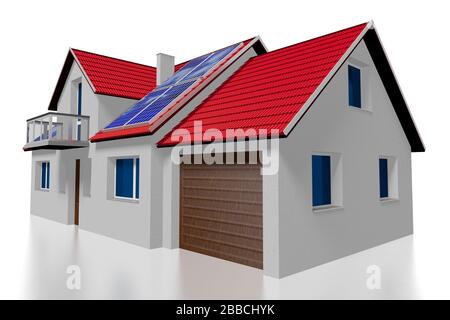Casa famiglia 3D con pannelli solari/fotovoltaici installati su un tetto Foto Stock