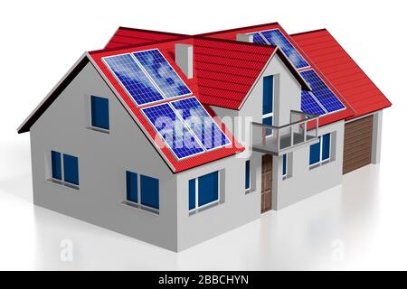 Casa famiglia 3D con pannelli solari/fotovoltaici installati su un tetto Foto Stock