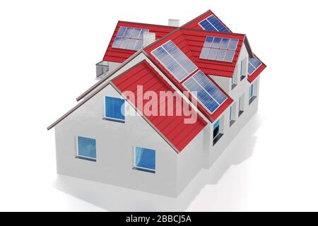 Casa con pannelli solari installati su un tetto. Rendering 3D Foto Stock