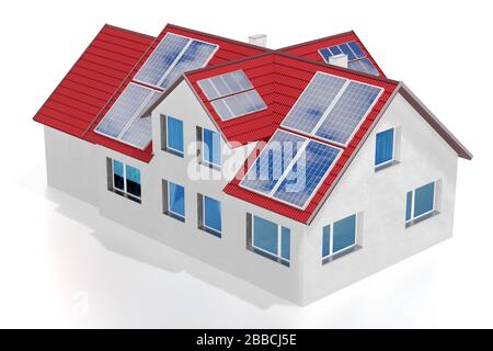 Casa con pannelli solari installati su un tetto. Rendering 3D Foto Stock