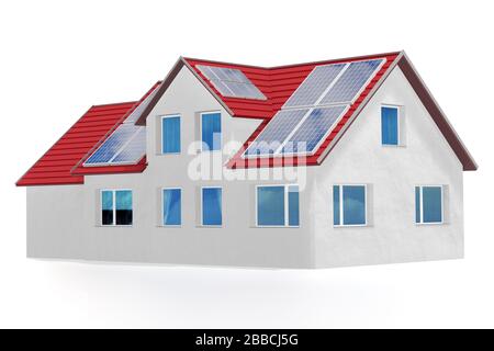 Casa con pannelli solari installati su un tetto. Rendering 3D Foto Stock