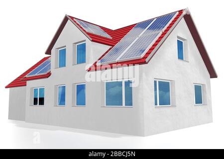 Casa con pannelli solari installati su un tetto. Rendering 3D Foto Stock