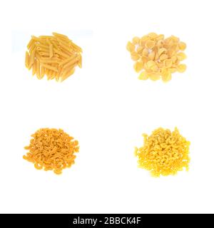 Collezione di pasta italiana isolata su fondo bianco. Di dimensioni standard. Foto Stock