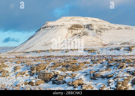 Vista invernale di un Ingleborough innevato, una delle tre vette dello Yorkshire, vista dalle White Scars Foto Stock