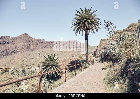 Sentiero nella zona rurale del massiccio del Teno, situato nella parte nord-occidentale di Tenerife, immagine colorata, Spagna. Foto Stock