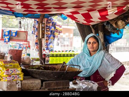 Una donna venditore in una tradizionale stalla di cibo di strada in India Foto Stock