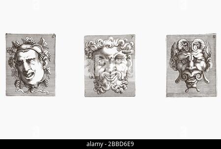 Tre maschere grottesche dell'artista italiano Adamo Scettori, 1530 - 1585, dopo il collega italiano Giulio Romano, 1499 - 1546. Foto Stock
