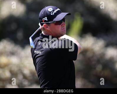 Peter Hanson, svedese, durante il primo giorno del Campionato Open 2013 al Muirfield Golf Club, East Lothian Foto Stock