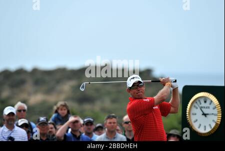 Lee Westwood dell'Inghilterra durante il quarto giorno del 2013 Open Championship al Muirfield Golf Club, East Lothian Foto Stock