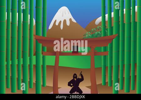 Illustrazione del guerriero ninja in una foresta di bambù seduta con una katana in mano sullo sfondo si possono vedere montagne con neve in cima Foto Stock