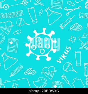 Medicina senza cuciture modello doodle con virus o batteri icona. Cura di salute disegnata a mano, farmacia, sfondo medico del cartone animato. Illustrazioni vettoriali. Illustrazione Vettoriale