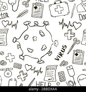 Medicina senza cuciture modello doodle con virus o batteri icona. Cura di salute disegnata a mano, farmacia, sfondo medico del cartone animato. Illustrazioni vettoriali. Illustrazione Vettoriale