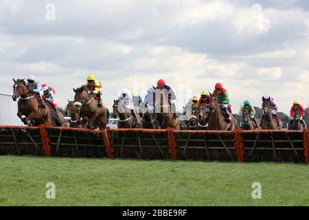 Il campo di salto in azione nel TurfTV Novices hurdle - corse ippiche a Kempton Park Racecourse Foto Stock