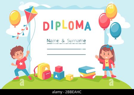 Cartone animato colorato prescolare o scuola bambino diploma modello vettore grafico illustrazione Illustrazione Vettoriale