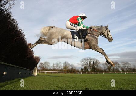 Elenika vincitrice di una gara guidata da Ruby Walsh nell'azione di salto durante la Tom Jones Memorial HTJ Center Ltd Beginners Chase Foto Stock