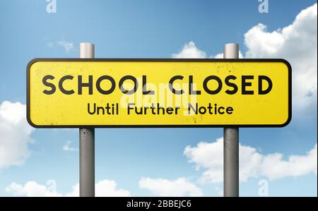 Un grande giallo scuola chiuso segno. Le scuole si chiudono a livello globale per combattere la diffusione di Covid-19 Coronavirus. Illustrazione 3D. Foto Stock