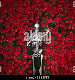 Rose rosse e morte / 3D illustrazione di scena surreale con scheletro che raggiunge fuori dal campo di fiori luminosi Foto Stock