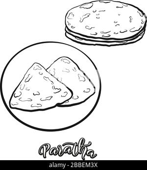 Lo schizzo del cibo di Paratha è separato su bianco. Disegno vettoriale di Flatbread, conosciuto solitamente in India, Pakistan. Serie di illustrazioni alimentari. Illustrazione Vettoriale