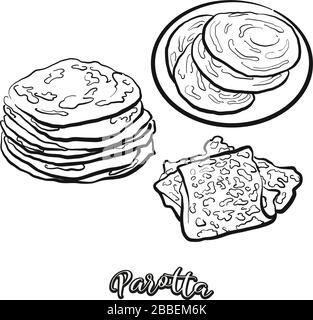 Schizzo del cibo Parotta separato su bianco. Disegno vettoriale di Flatbread, conosciuto solitamente in India. Serie di illustrazioni alimentari. Illustrazione Vettoriale