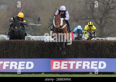 Pergamena fine (C) cavalcata dal Signor H A UN Bannister nel salto di azione nel Prince Carlton handicap Chase (per la Prince Carlton Challenge Cup) Foto Stock