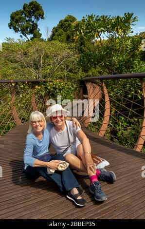 Sud Africa, Città del Capo, Kirstenbosch National Botanical Garden, due visitatori femminili si sono seduti su sopraelevata passerella alberi in sole Foto Stock