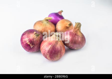 Sei cipolle rosse fresche e mature di medie dimensioni isolate su un isolato sfondo bianco Foto Stock