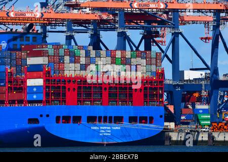 Rotterdam, Paesi Bassi - Giugno 2019; primo piano con gan si può osservare l'intera larghezza della sezione poppiera della nave portacontainer, maneggiando la logistica ‘ship to shore’ Foto Stock