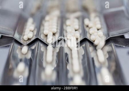 pillola che fa produzione di massa macchina, assistenza sanitaria, nutrizione, integratore, bianco, capsula, additivo, acciaio, pulito, igienico, camera bianca, Foto Stock