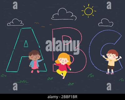 Illustrazione di Kids Holding calchi e disegno Big ABC lettere e nuvole, uccelli, erba e il sole Foto Stock