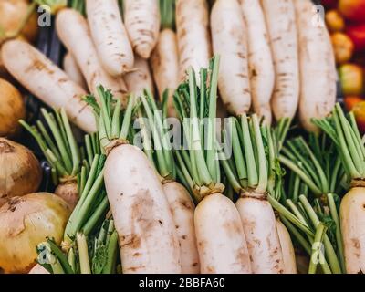 Verdure di ravanello di daikon locali biologiche o vendere nel mercato, vegetali Foto Stock