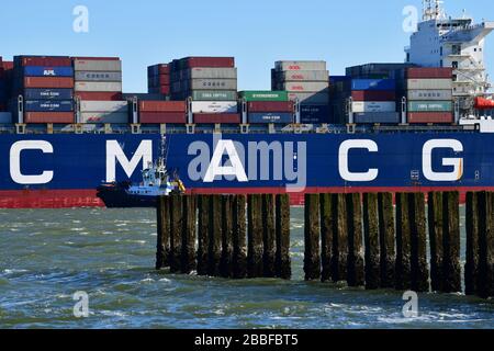 Vista a metà nave di un container visto lungo i lunghi pali di legno che formano il frangiflutti; rimorchiatore a fianco Foto Stock