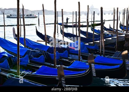 Venezia, Italia-Febbraio 2020; panoramica di un gran numero di gondole veneziane tradizionali sullo sfondo di edifici sgargianti nel lagoo veneziano Foto Stock