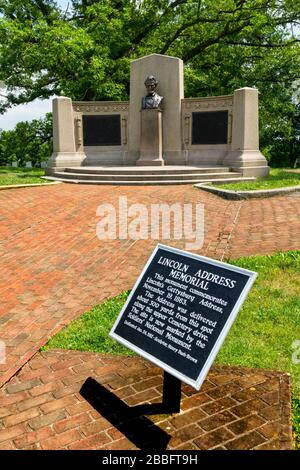 Il Presidente Abraham Lincoln indirizzo monumento commemorativo Gettysburg National Cemetery Gettysburg National Civil War Battlefield Military Park Pennsylvania Foto Stock