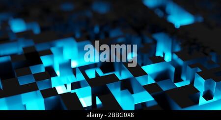 Astratto blu incandescente tecnologia cubi di sfondo con fuoco selettivo, 3D illustrazione Foto Stock