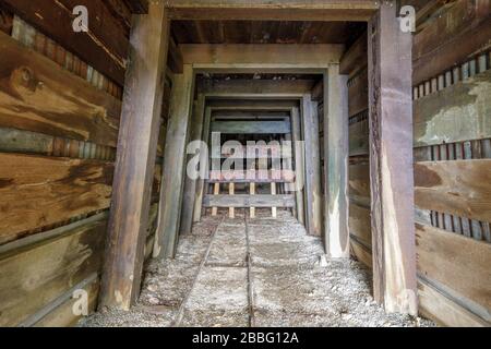 Ingresso alla miniera di San Cristobal, una vecchia miniera di mercurio abbandonata, nel Parco della contea di Almaden Quicksilver Foto Stock