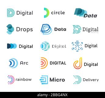 Set di modelli di logo digitali, logotipi di dati lineari creativi, moderna lettera astratta D, raccolta di simboli vettoriali per nuove attività tecnologiche. Illustrazione Vettoriale
