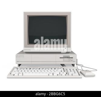Il vecchio computer desktop con una schermata bianca vuota il monitor, la tastiera e il mouse isolato Foto Stock