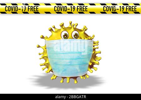 Illustrazione dei fumetti con maschera facciale sul virus Covid 19 nella zona libera di coronavirus su sfondo bianco. Concetto di protezione antivirale contro le infezioni Foto Stock