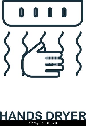 Icona dell'essiccatore delle mani. Elemento in stile linea della collezione igienica. Icona dell'essiccatore a mani sottili per il web design e infografiche Illustrazione Vettoriale