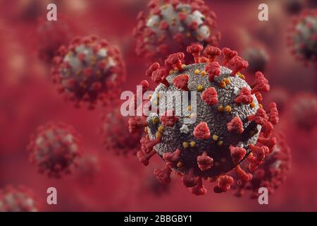 Coronavirus, COVID-19, particelle di virus Corona, virioni nel sangue rosso. SARS-COV-2 Illustrazione medica artistica 3D a colori. Foto Stock